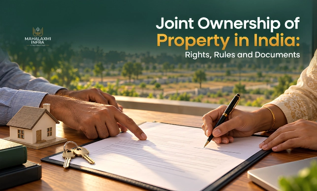 Joint property ownership in India with co-owners signing documents.